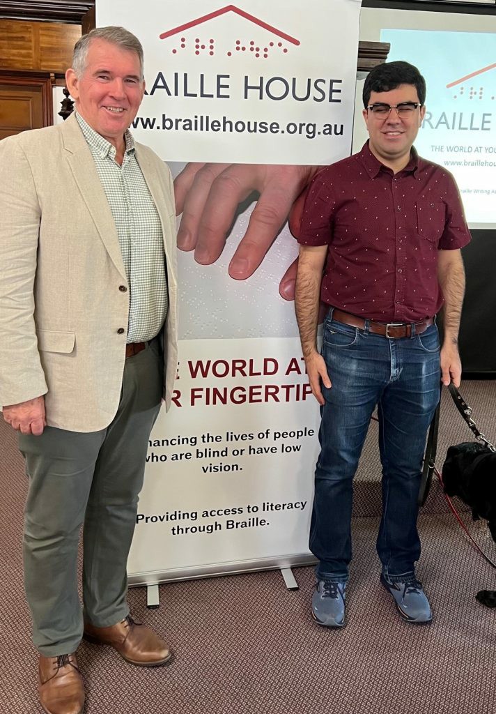 Richard Barker with Santiago Velasquez at his presenation to Braille House on the importance of Braille