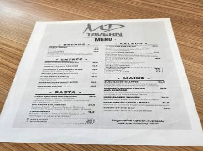 Photograph of a tavern menu with out Braille embossing for accessibility